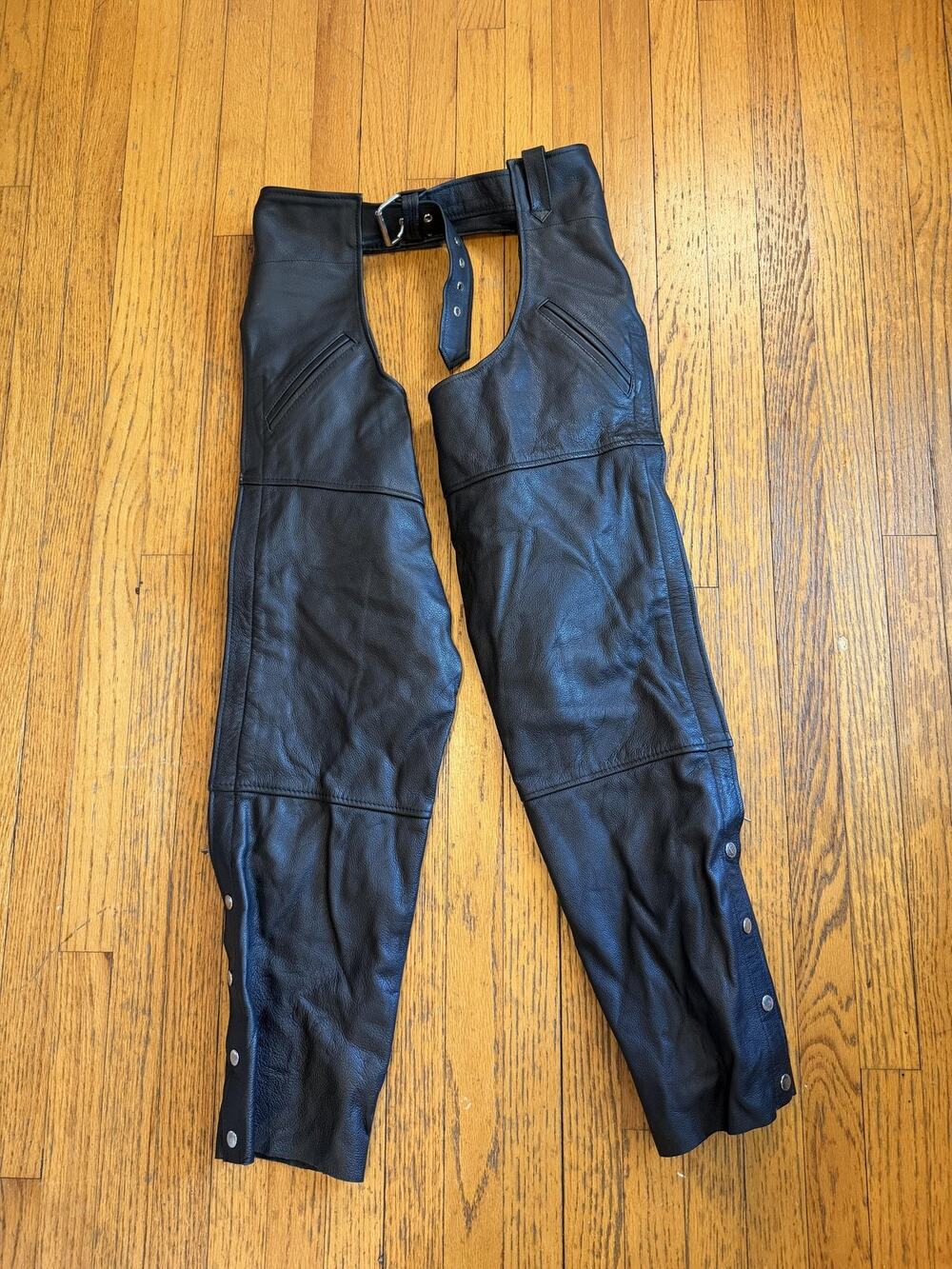 FMC Leather Motorcycle Pants Chaps Mens Large Black Lined Zip Leg Adjustable
